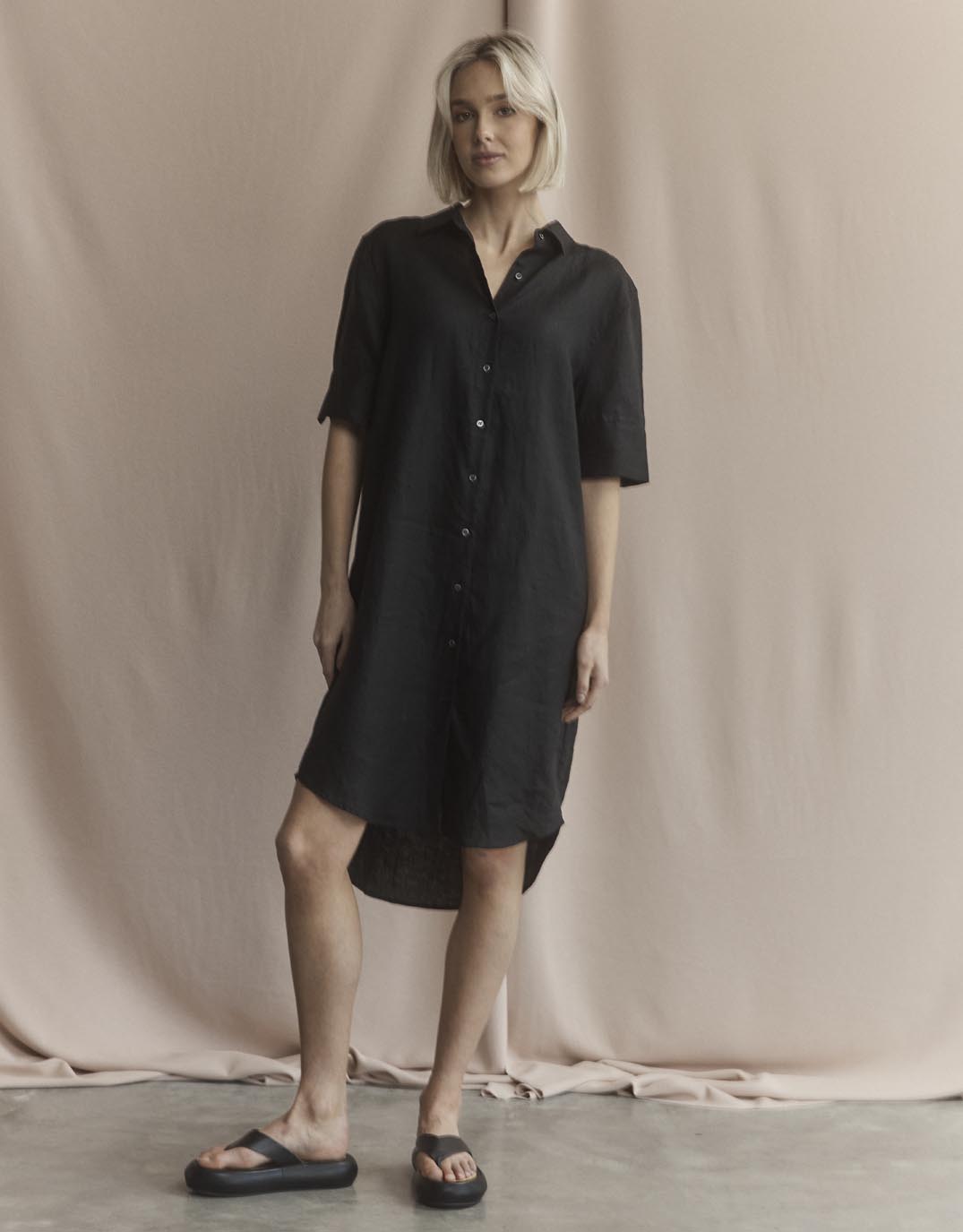 Hettie Linen Shirt Dress - Black